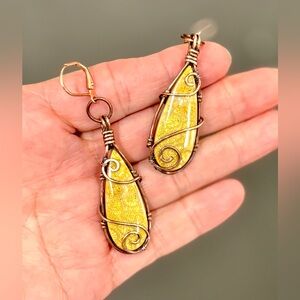 HAND CRAFTED Coral Fossil Wire Wrapped Copper Modern Dangle Earrings, Handmade